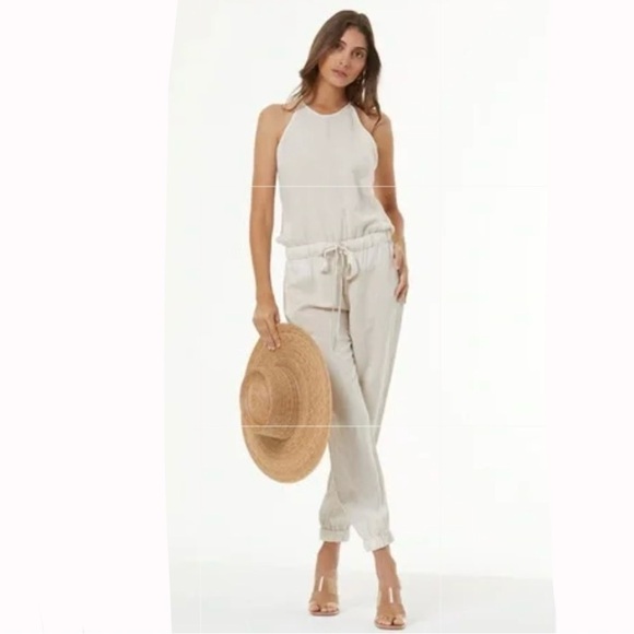 🔥 SALE🔥 Young Broke & Fabulous sea salt tan linen blend Diego jumpsuit Sm - Picture 2 of 14